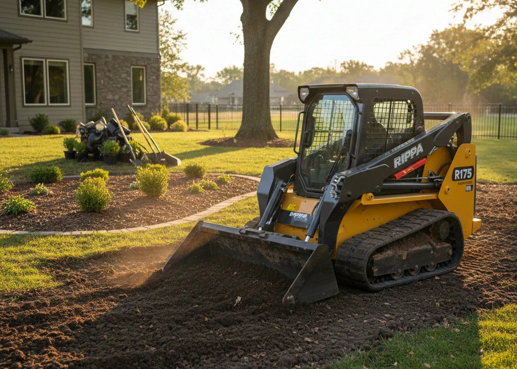 A skid steer with a standard bucket, actively digging into loose soil for a landscaping project.