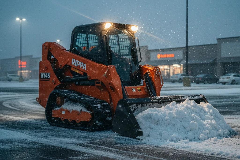Rippa skid steer clearing deep snow in a commercial parking lot
