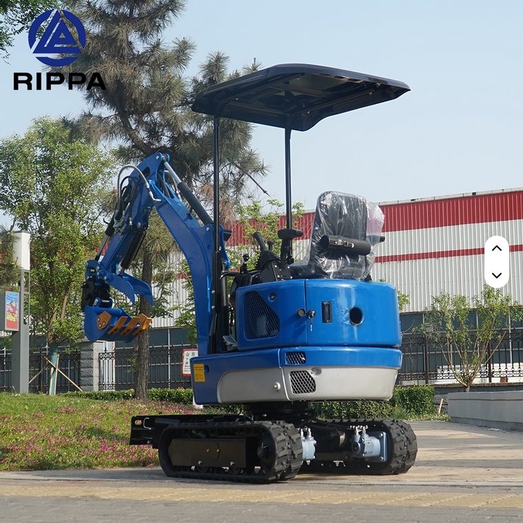 Blue Rippa R10-5 mini excavator with swing boom, expanding tracks, and open canopy seat.