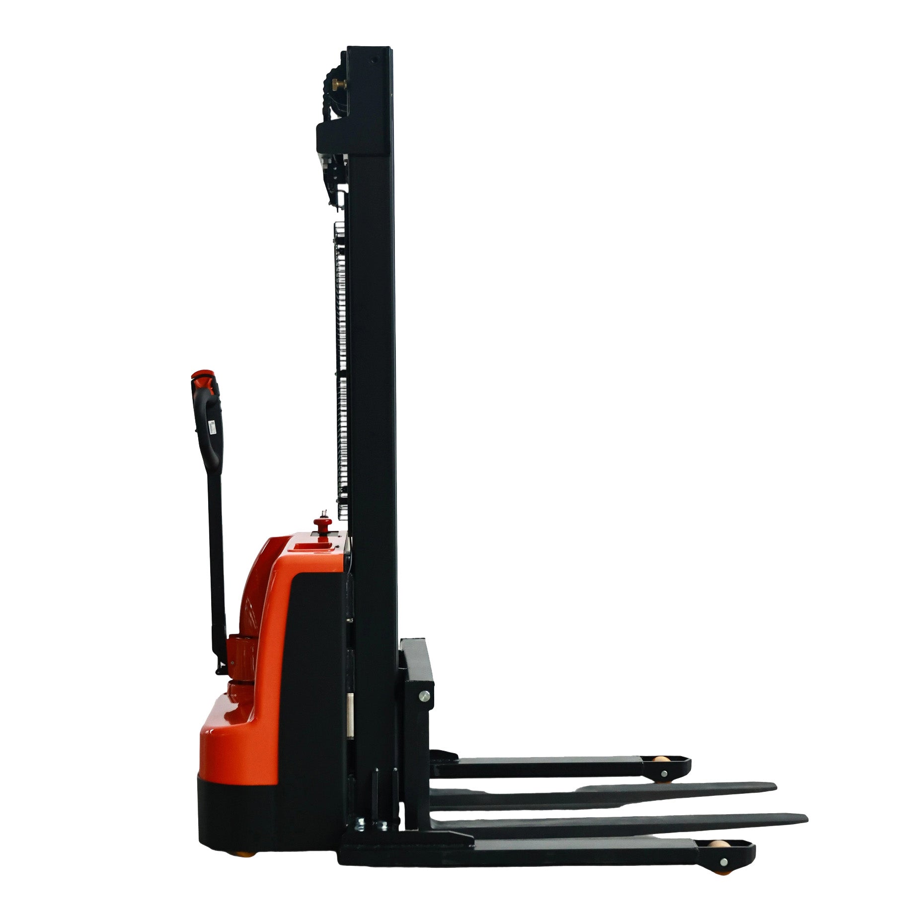 Orange and black Everlift ELES-15J electric pallet stacker with tall lifting mast and dual forks.
