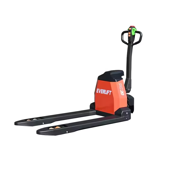 Black and orange Everlift ELEP-20Li electric pallet jack with twin forks and ergonomic handle with control buttons.