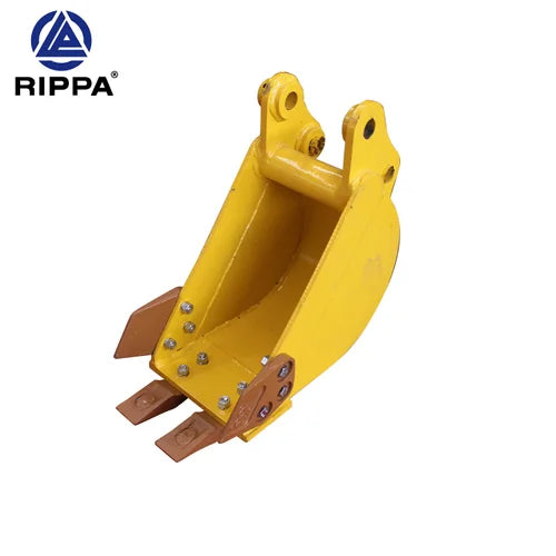Yellow excavator narrow bucket with brown accents on a white background, featuring the Rippa brand logo.