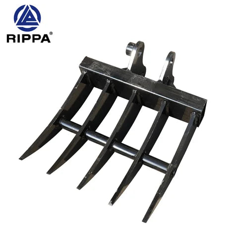 Black metal raking attachment with Rippa logo on a white background