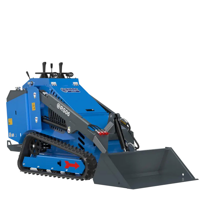 Blue Rippa RS06 skid steer with diesel engine, compact tracked loader with front bucket attachment.