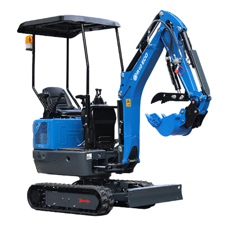 Compact blue mini excavator with open canopy, expanding tracks, swing boom, hydraulic thumb, and quick coupler attachment.