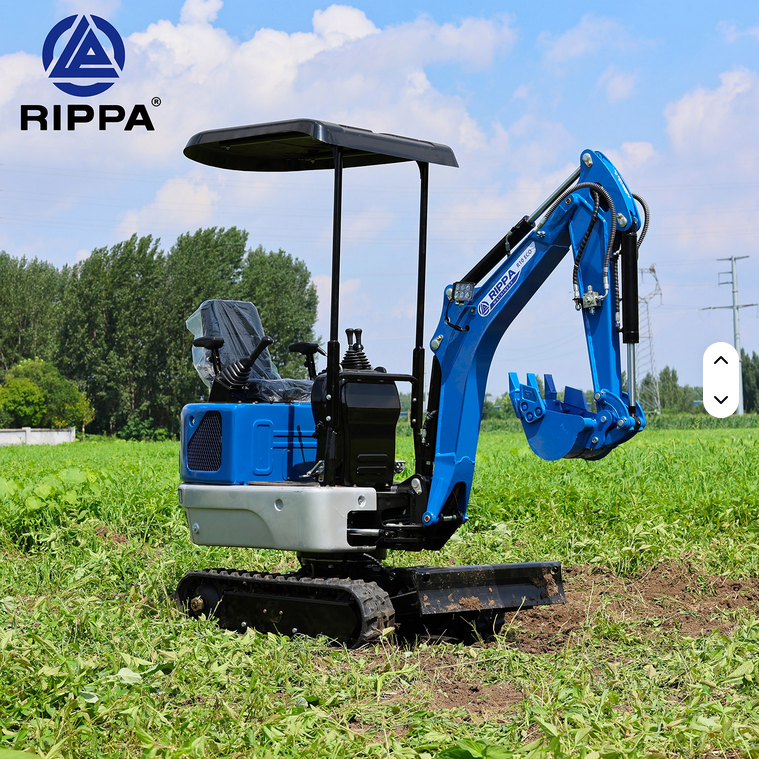 Compact blue mini excavator with open canopy, swing boom, expanding black tracks, and hydraulic thumb attachment.