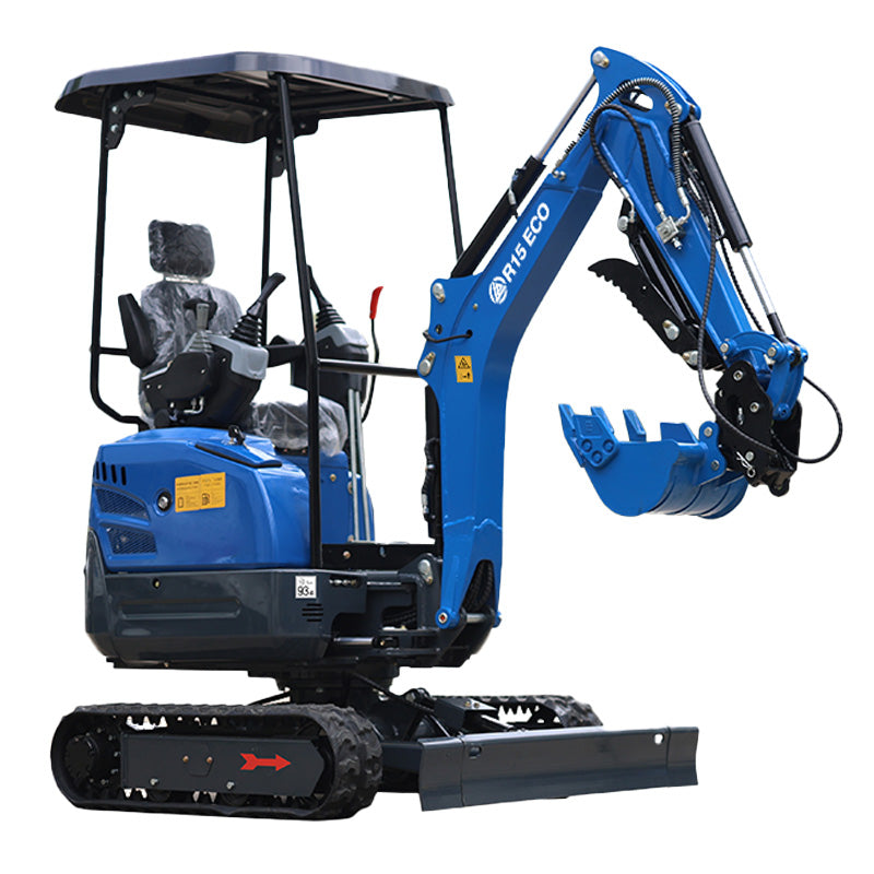 Blue Rippa R15 mini excavator with canopy roof, adjustable arm, and rubber tracks on compact frame.