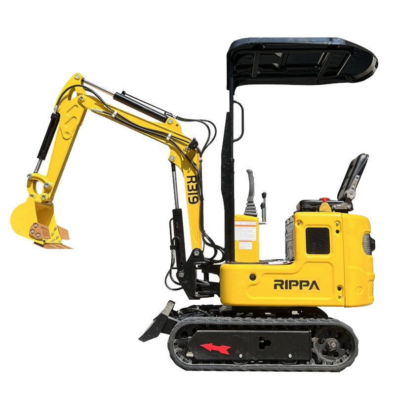 Yellow Rippa R319 mini excavator with gas engine, swing boom, hydraulic thumb, and black tracks.