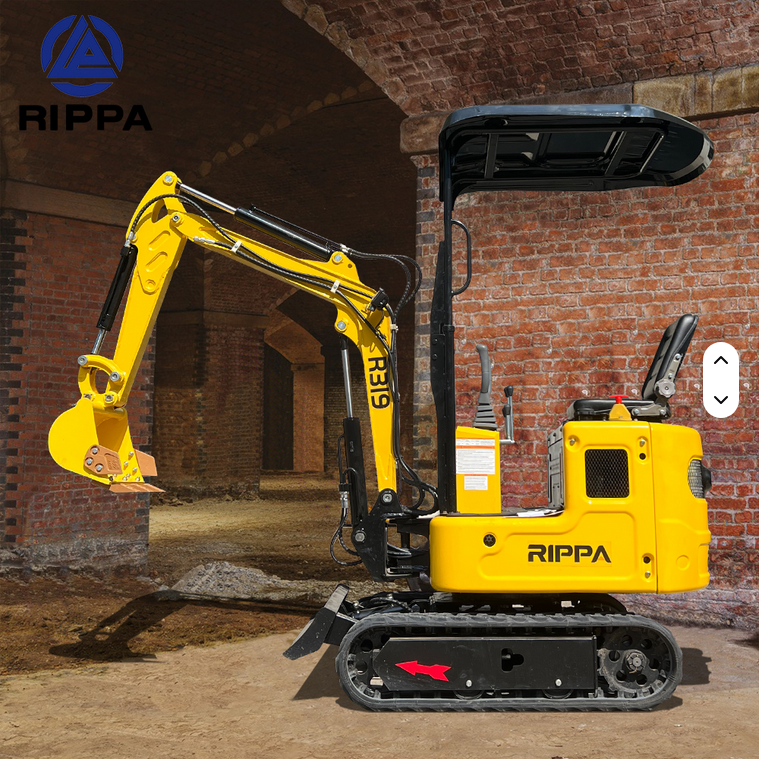 Yellow Rippa R319 1 Ton mini excavator with black tracks, swing boom, and hydraulic thumb under black canopy.