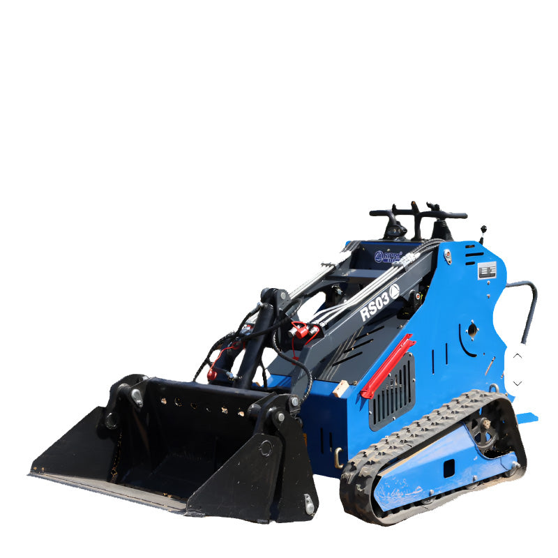 Compact blue Rippa RS03 gas skid steer with black front loader and rubber tracks.
