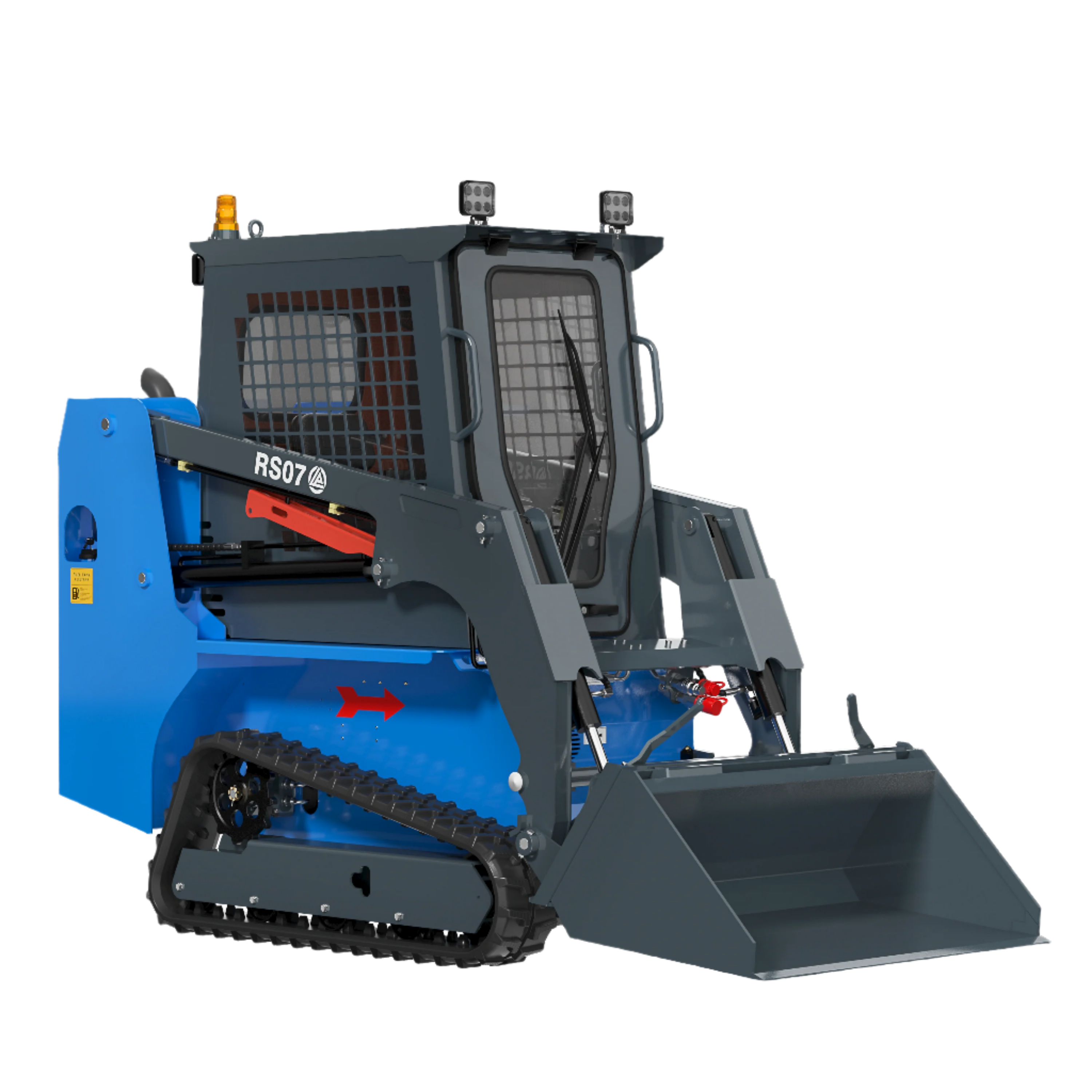 Compact blue and black Rippa RS07 skid steer with rubber tracks and front bucket loader attachment.