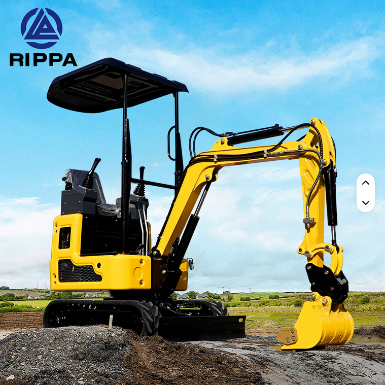 Yellow Rippa R319 mini excavator with swing boom, hydraulic thumb, and open canopy on gravel mound.