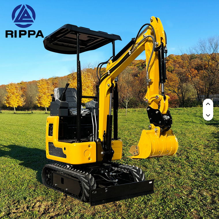Yellow Rippa R319 1 Ton mini excavator with open canopy, hydraulic thumb, and swing boom on black rubber tracks.