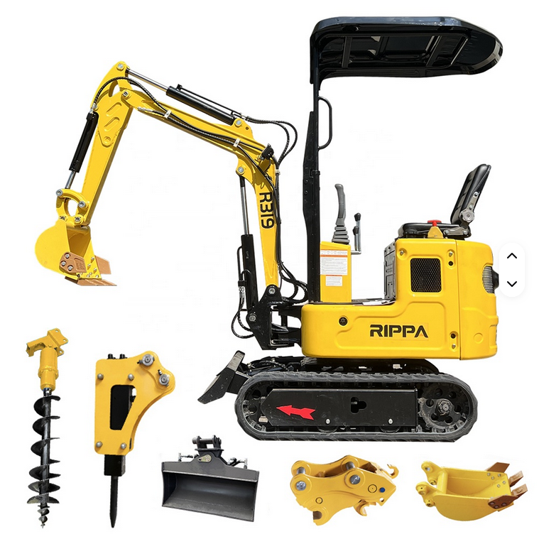 Yellow Rippa R319 1 Ton mini excavator with swing boom, black rubber tracks, and hydraulic thumb.