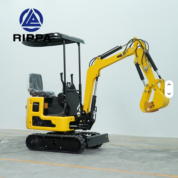 Compact yellow mini excavator with gas engine, swing boom, hydraulic thumb, and quick coupler on black tracks.