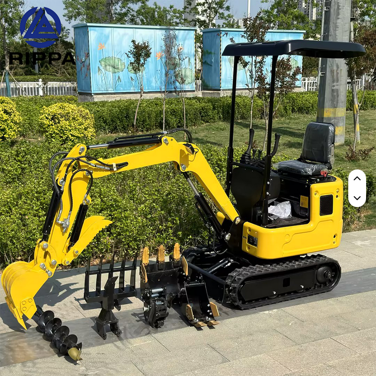 Compact yellow mini excavator with swing boom, hydraulic thumb, and quick coupler on rubber tracks.