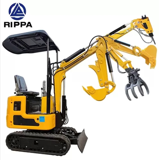 Yellow Rippa R319 1 Ton mini excavator with swing boom, hydraulic thumb, and black tracks.