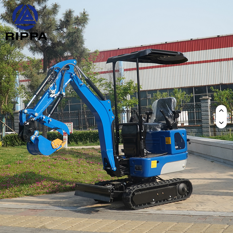 Blue Rippa R10-5 mini excavator with swing boom, expanding tracks, hydraulic thumb, and open operator seat.