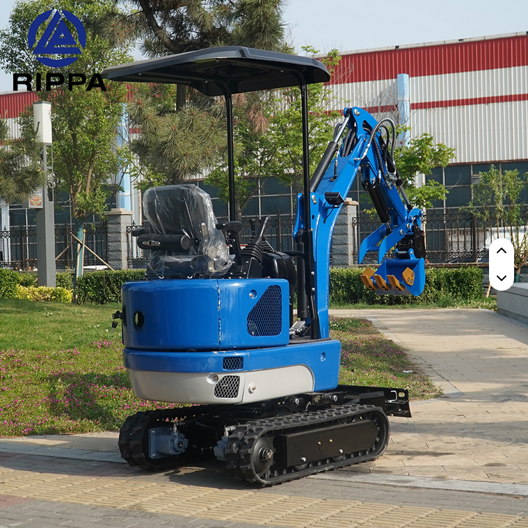 Compact blue mini excavator with black expanding rubber tracks, open canopy, hydraulic thumb attachment, and swing boom arm.