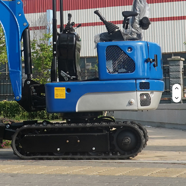 Blue compact mini excavator with black rubber tracks, open operator seat, and ventilation grill on side panel.