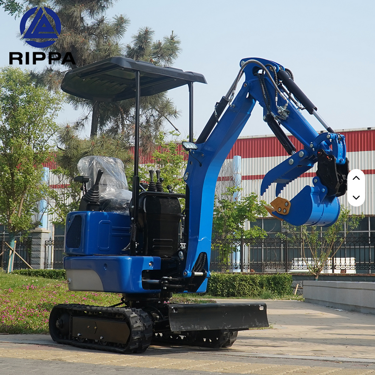 Blue Rippa R10-5 mini excavator with gas engine, swing boom, hydraulic thumb, and expanding tracks outdoors.