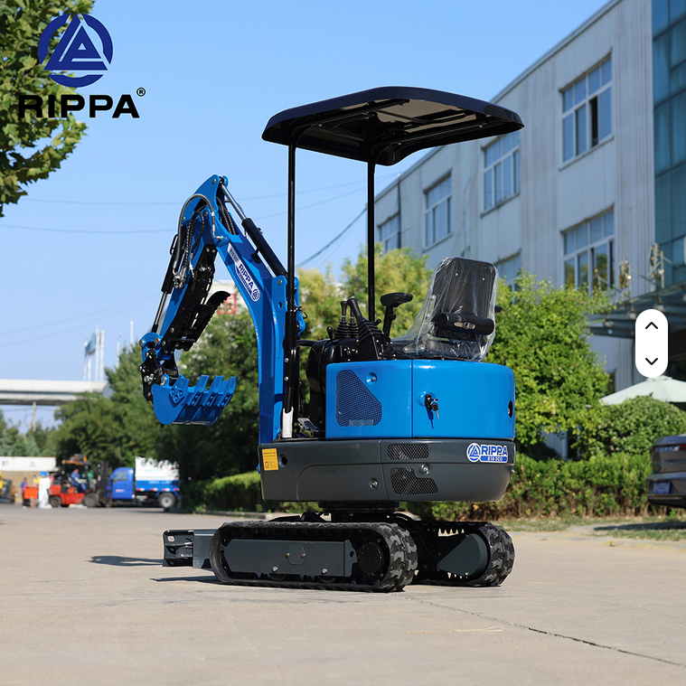 Blue Rippa R10-5 mini excavator with swing boom, hydraulic thumb, and expanding rubber tracks.