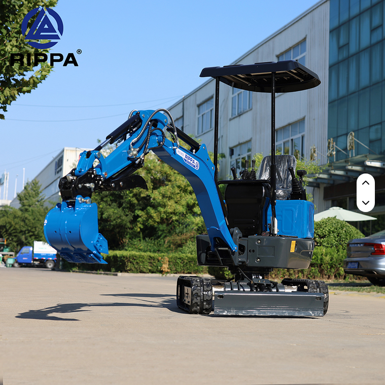 Blue Rippa R10-5 mini excavator with black expanding tracks, hydraulic arm, and canopy seat outdoors.