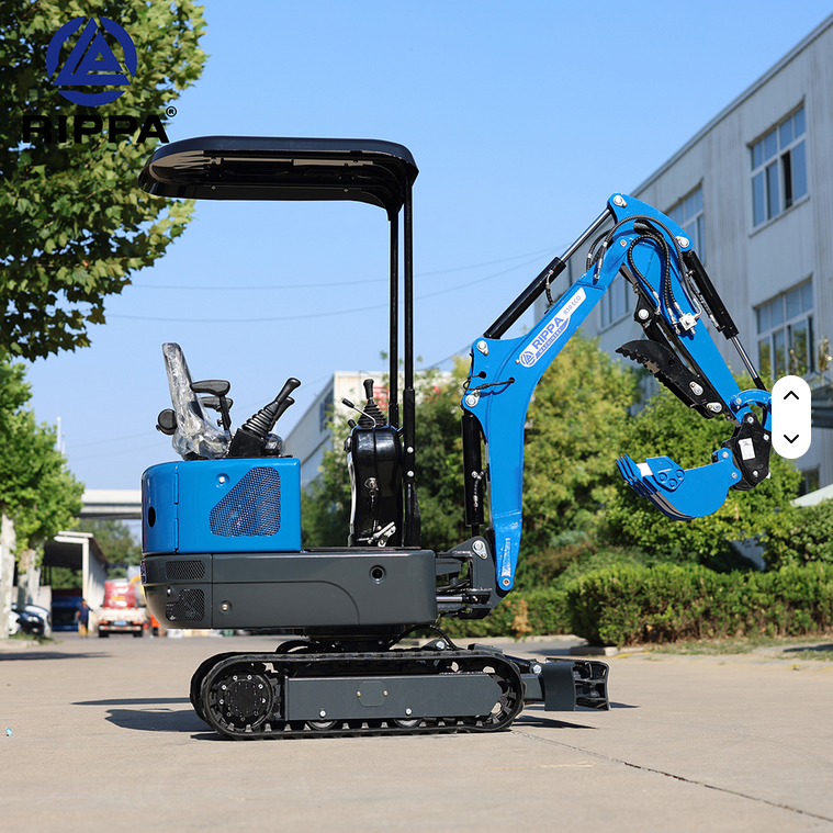 Blue Rippa R10-5 1 Ton mini excavator with open canopy, swing boom, and rubber tracks on concrete surface.