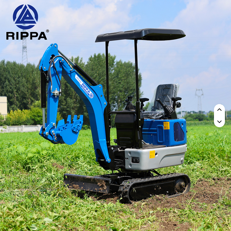Blue and gray Rippa R10-5 mini excavator with swing boom, expanding tracks, and canopy on grass field.