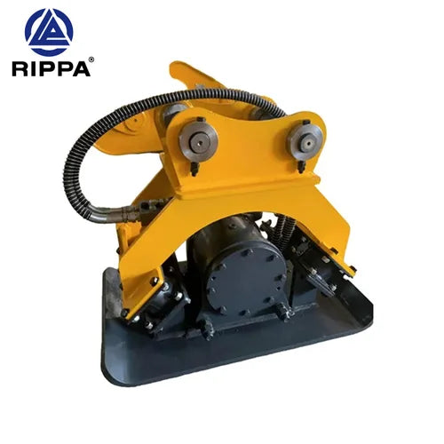 Yellow and black soil compacter with 'Rippa' branding on a white background