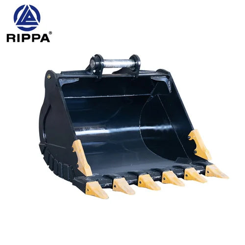 Black excavator tooth bucket with yellow teeth on a white background, featuring the Rippa brand logo.