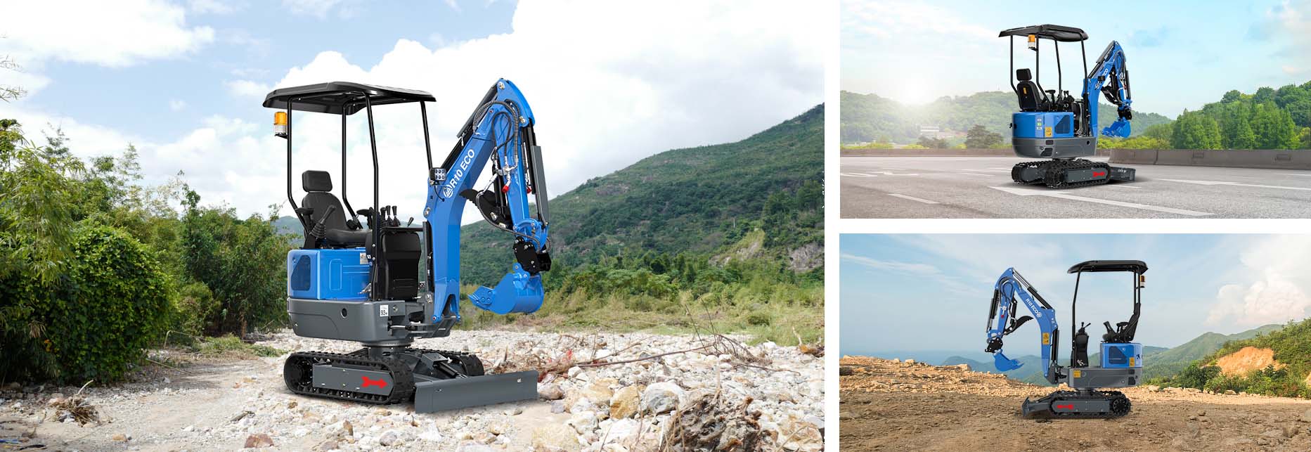 blue excavator in various settings with mountains and roads in the background.