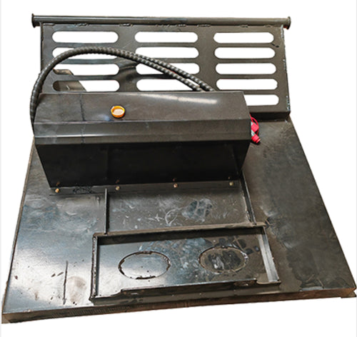 Metallic tool or equipment with a grid-like top section on a white background