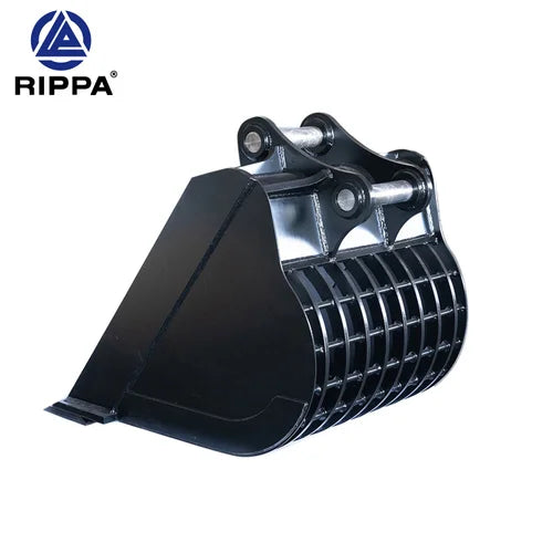Black excavator grid bucket with Rippa logo on a white background
