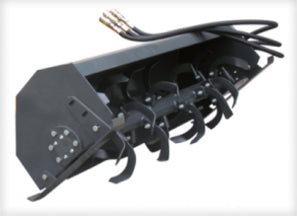 Black rotary tiller an agricultural tool with multiple prongs on a white background