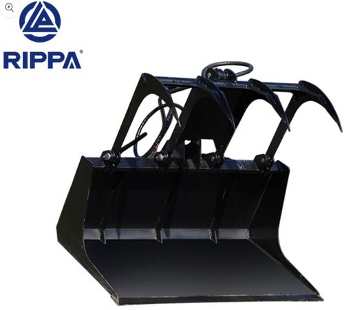 Black log grabber excavator bucket with Rippa logo on a white background