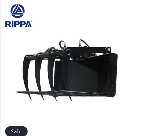 Black log grapple excavator bucket with Rippa logo on a white background